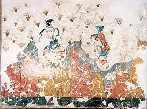 The Saffron Gatherers fresco Akrotiri Santorini via wikimedia