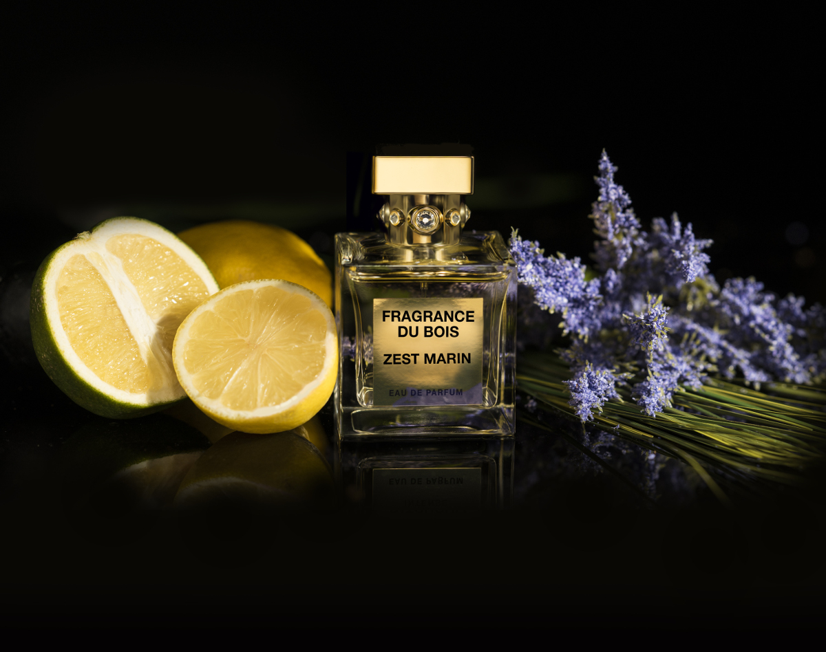 a bottle of Zest Marin next to a sprig of lavender and a lemon