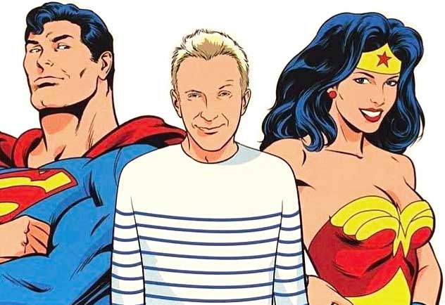 drawing of Superman, Gaultier and Wonder Woman