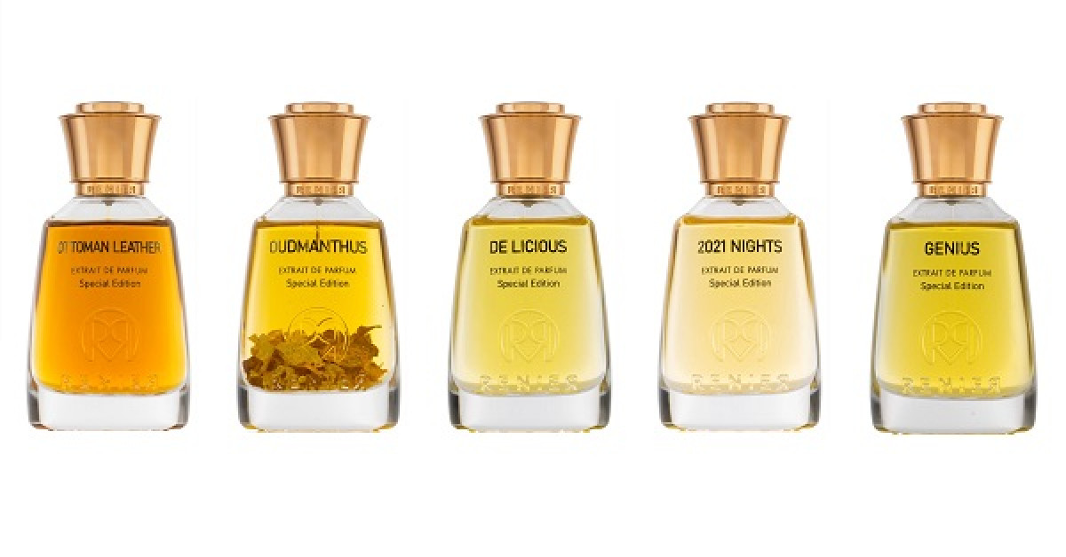 Renier Fragrances Genius, 2021 Nights, De Licious, Ottoman Leather